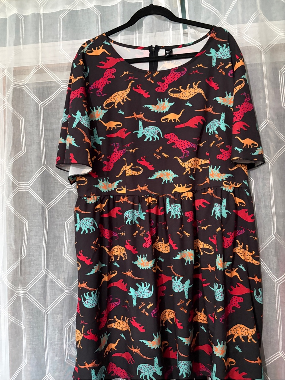 SHEIN Black Midi Dress with Teal, Red & Orange Dino Print